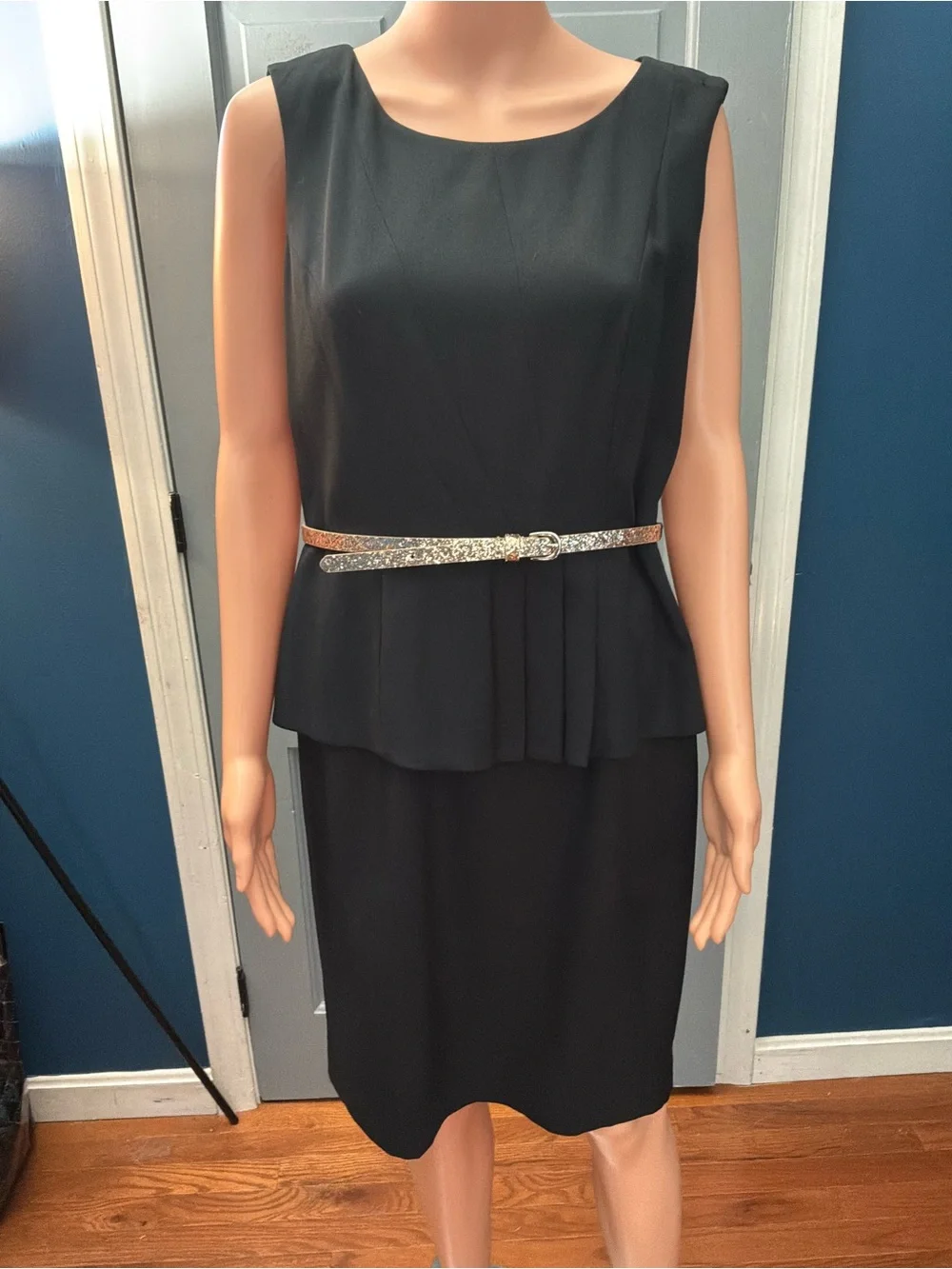 Ellen Tracy Black Sleeveless Peplum Dress with Metallic Belt